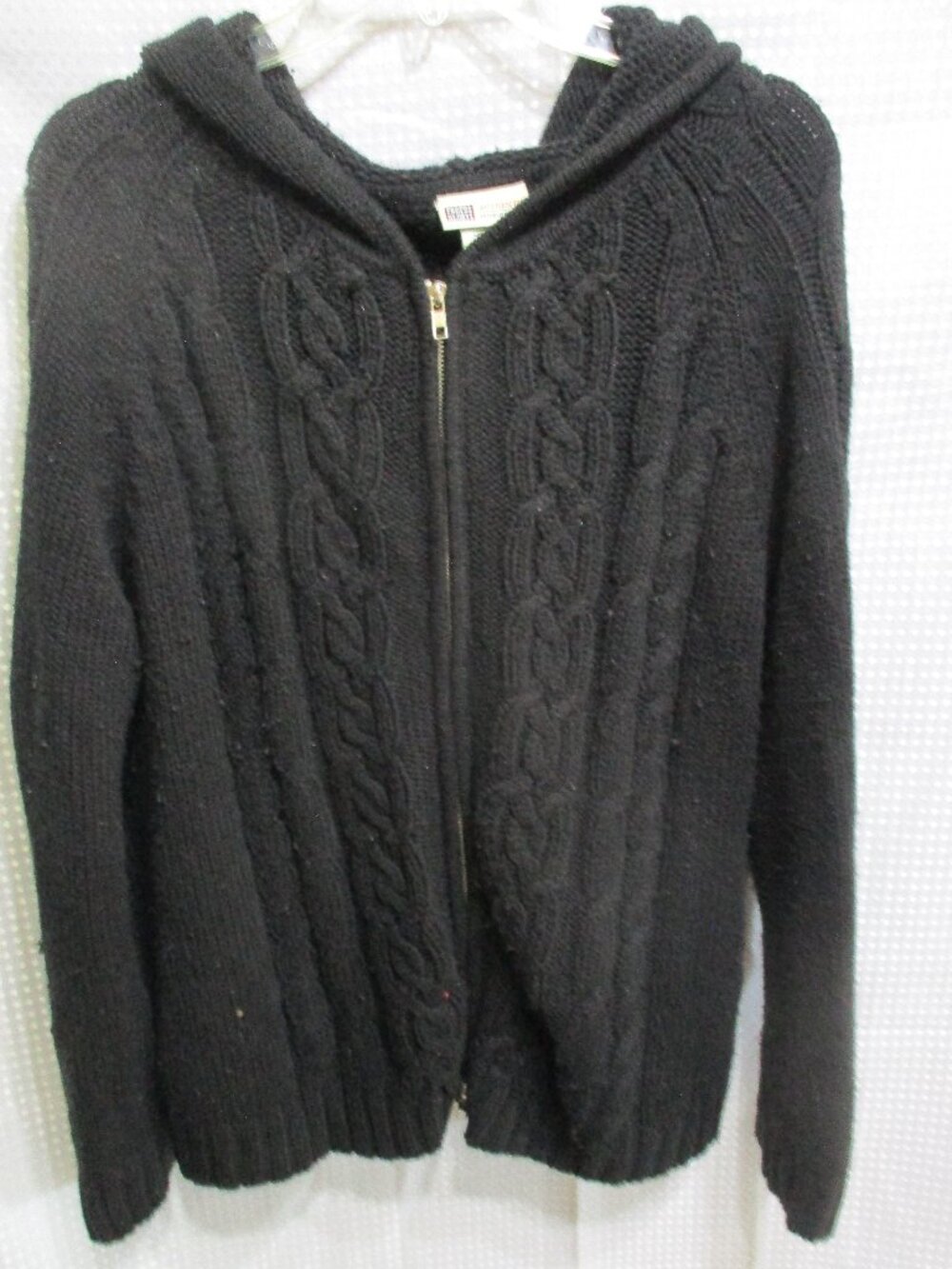 1990's Faded Glory Solid Black Zip Up Women's Cardigan Sweater w/Hood Sz. L